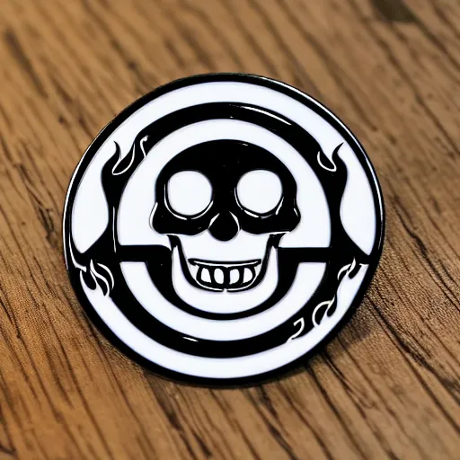Prompt: a highly detailed black and white retro minimalistic smiling happy skull warning label with fire flame enamel pin