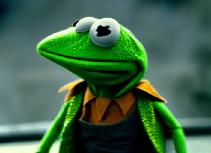 Prompt: kermit the frog, the matrix, film still, high quality, hd, 4 k