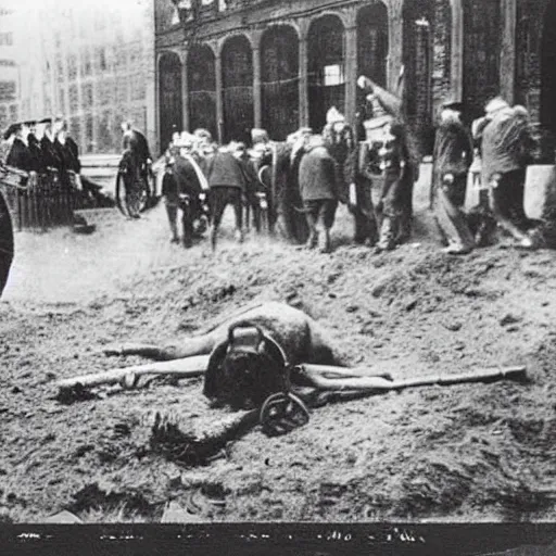 Prompt: the zepps are going up at night, and coming down by day ; and [ john ] bull is busy burying the foes who come to stay. old kaiser bill cracks hardy, and he says he's overjoyed, because in burying the dead he's keeping [ john ] bull employed, 1 9 1 6 photo