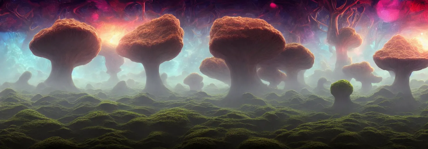 Prompt: a view of a surreal alien variated planetary fractal landscapes with gigantic fungus of varying sizes scattered across the vast landscapes, surreal clouds, floating islands, 4 k, retro, detailed, beautiful view, vibrant, planets in the skies, trending on artstation
