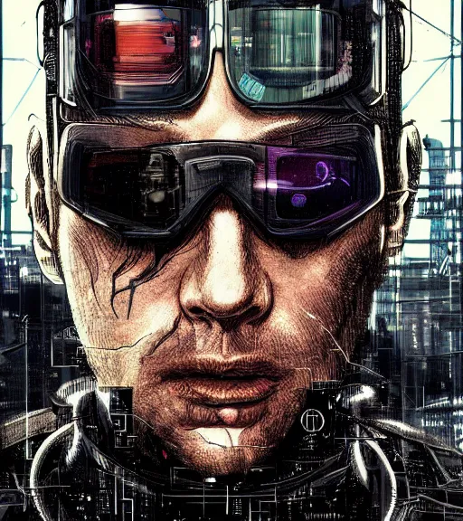 Image similar to a cyberpunk man with multiple digital patchwork faces, techwear, Industrial Scifi, detailed illustration, character portrait, by Martin Grip and Moebius