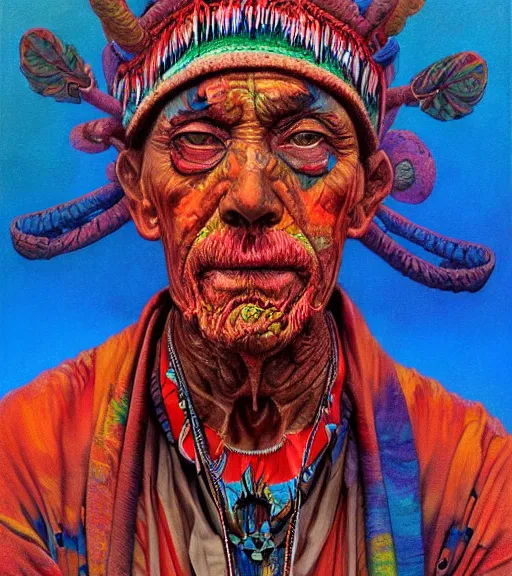 Image similar to Portrait painting in a style of Beksinski mixed with Alex Grey of an old shaman dressed in a colorful traditional clothes.