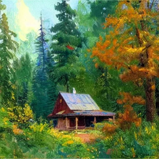 Image similar to a cabin on a small hill surrounded by colorful trees, drawn by colin campbell cooper