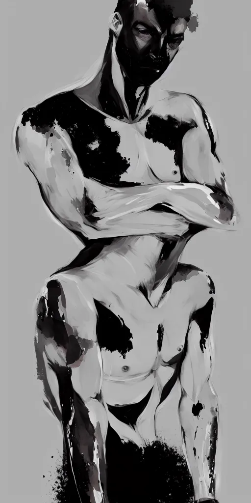 Image similar to abstract depiction of the physique of one thin athletic man posing dramatically, closeup, matte colors, conrad roset, dark abstract background, minimalist painting trending on artstation