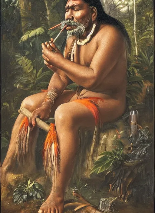 Image similar to a beautiful portrait of an indigenous man sitting in the jungle surrounded by smoke, smoking a pipe, praying with tobacco ,mysterious atmosphere