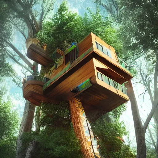 Image similar to ultra realistic and intricate detailed photograph of giant holy tech treehouse, innovation, bright modern style, artstation, unreal render, depth of field, ambient lighting, award winning, stunning