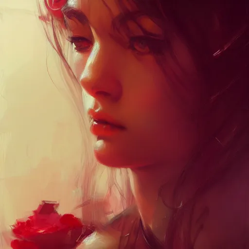 Image similar to a cute girl by ruan jia, 8 k, closeup headshot, smooth, trending on artstation, black long hair, a red flower in her hair