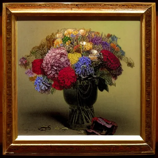 Prompt: Flower bouquet at table in the dinner room, soft light, Gustave Dore colored lithography.