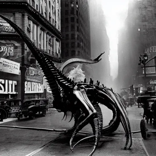 Image similar to old black and white photo, 1 9 1 3, depicting a xenomorph from the movie aliens rampaging through the bustling streets of new york city, historical record