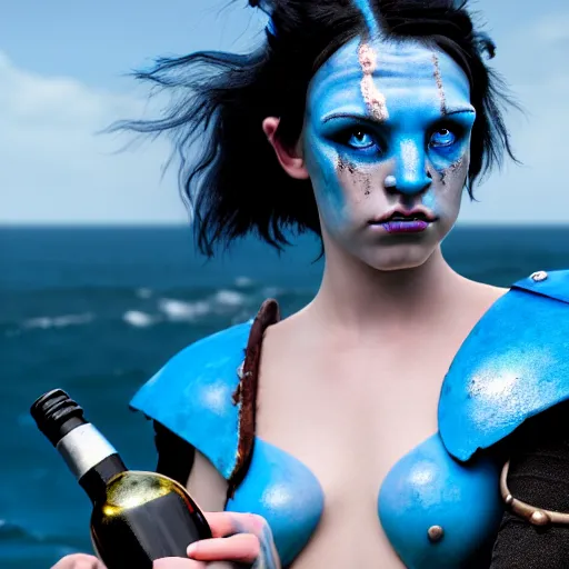 Prompt: a dnd Triton girl with blue skin and messy black hair drinking from a leather wine flask, a little blue-skinned girl with messy black hair sharp pointed ears freckles along the ridges of her cheeks, dnd triton, high resolution film still, 4k, HDR colors