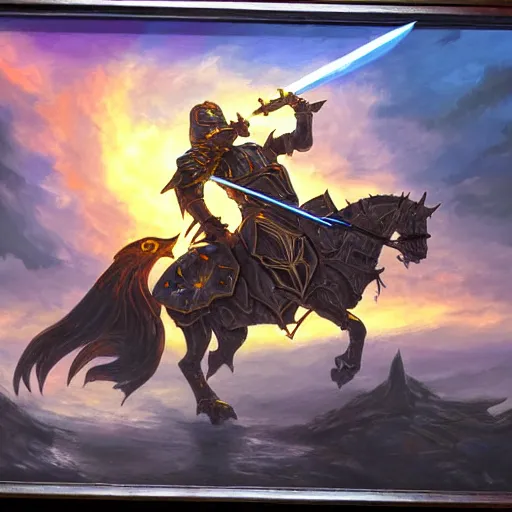 Prompt: A highly detailed matte acrylic painting of a heavily armored paladin wielding a very bright glowing gold sword, fighting in a huge battle at dusk.