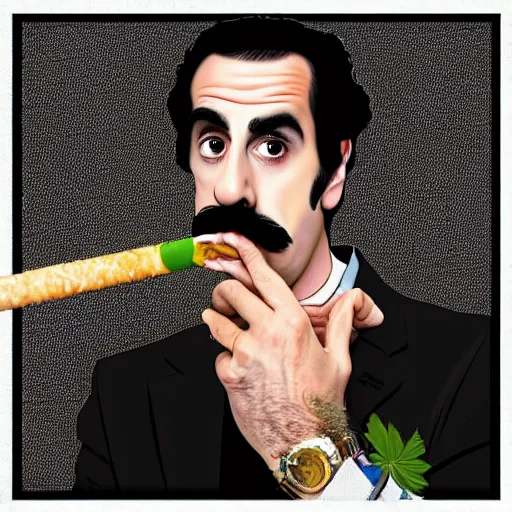 Image similar to Sacha Baron Cohen as borat smoking a giant rolled cannabis cigarette, caricature, smoke, amazing detail, digital art, artstation