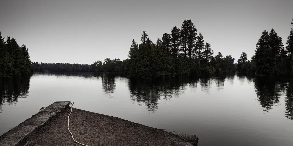 Prompt: centered subject on an infinitely long rope zig - zagging across the surface of the water into the distance, the floating submerged rope stretches out towards the center of the lake, a dark lake on an overcast day, atmospheric, color film, trees in the background, hyper - detailed photo, anamorphic lens