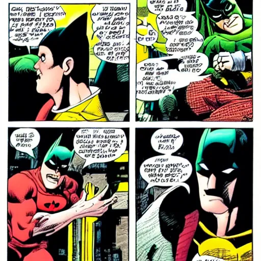 Prompt: comic strip of batman and robin