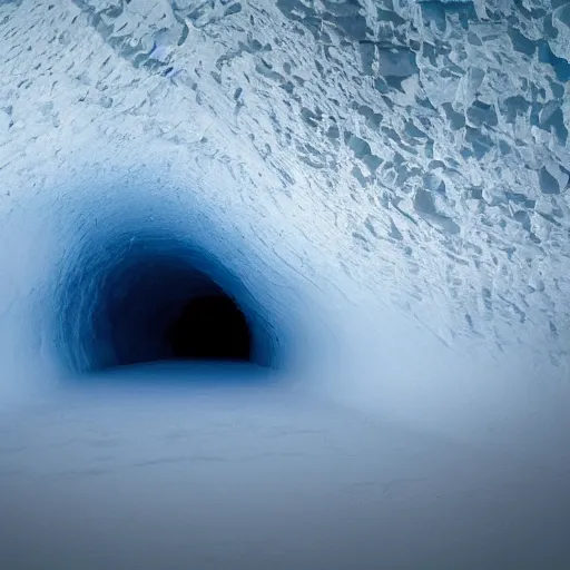 Image similar to deep dark glacier cave, faint blue glow,