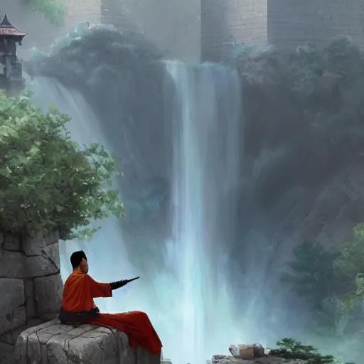 Image similar to A wise swordsman sitting meditating on a stone of a shaolin temple mount with a waterfall behind, artstation, Greg rutkowski, cinematic, digital Art