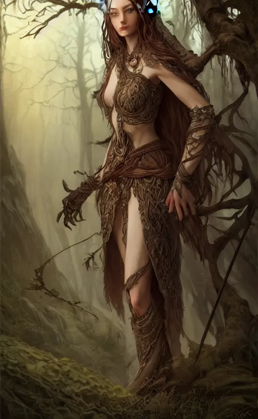 Prompt: female wood elf, druid, woodland, dramatic pose, d & d, fantasy, intricate, very beautiful, highly detailed, elegant, digital painting, artstation, concept art, matte, smooth and sharp focus, rpg artwork, illustration, by rene maritte and tian zi and wlop and alsphonse mucha and artgerm and and pino daeni and dan mumford,