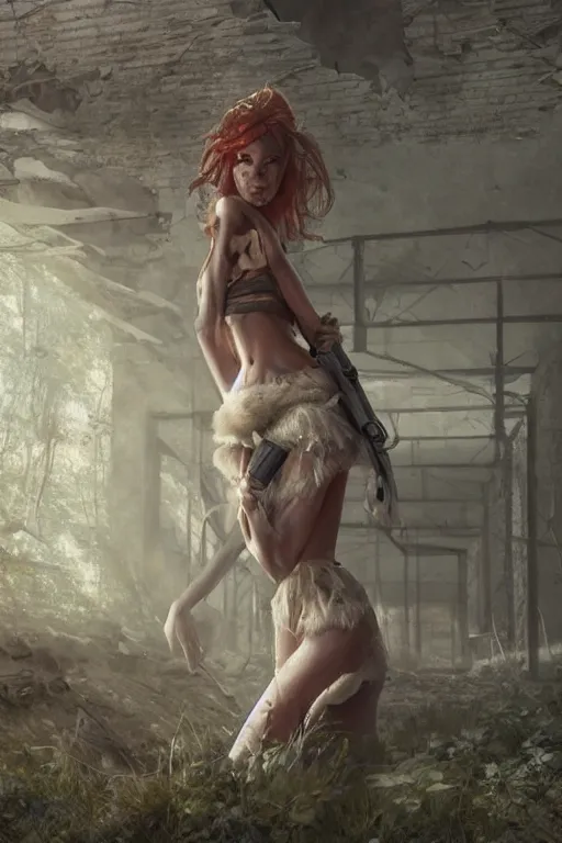 Image similar to cute nymph girl posing in the ruins of chernobyl, by greg rutkowski and raymond swanland, sharp focus, trending on artstation, cinematic lighting