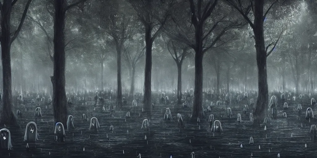 Image similar to a forest of weeping ghosts, carnival, playground, sad, dark, melancholy, night, rain, extremely, wide angle, super highly detailed, professional digital painting, artstation, concept art, smooth, sharp focus, no blur, no dof, extreme illustration, Unreal Engine 5, Photorealism, HD quality, 8k resolution, cinema 4d, 3D, beautiful, cinematic, art by artgerm and greg rutkowski and alphonse mucha and loish and WLOP