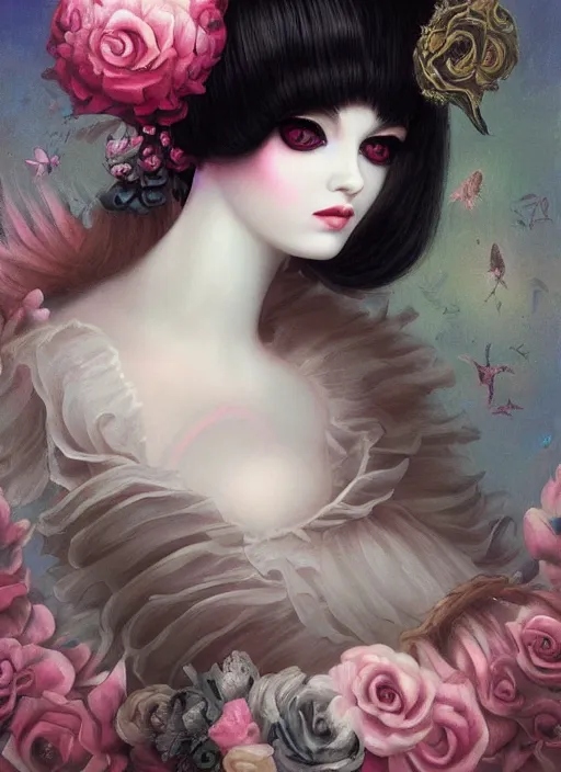 Image similar to pop surrealism, lowbrow art, realistic cute marie antoinette girl painting, japanese street fashion, hyper realism, muted colours, rococo, natalie shau, loreta lux, tom bagshaw, mark ryden, trevor brown style,