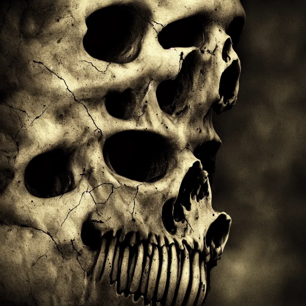 Prompt: one creepy skull, central composition, dark and mysterious, atmospheric, cinematic, 4k, ultra detail, ultra realistic