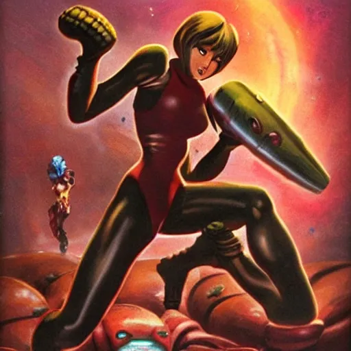 Prompt: samus aran from metroid fighting ridley in the style of frank frazetta