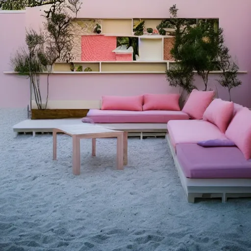 Image similar to An ultra high definition, professional photograph of ( an outdoor partial IKEA showroom inspired sculpture located on a pastel pink beach ((with pastel pink, dimpled sand where every item is pastel pink. )) The sun can be seen rising through a window in the showroom. The showroom unit is outdoors and the floor is made of dimpled sand. The showroom unit takes up 20% of the frame. )A square dot matrix sign displays an emoji somewhere in the scene. Morning time indirect lighting with on location production lighting on the showroom. In the style of wallpaper magazine, Wes Anderson.