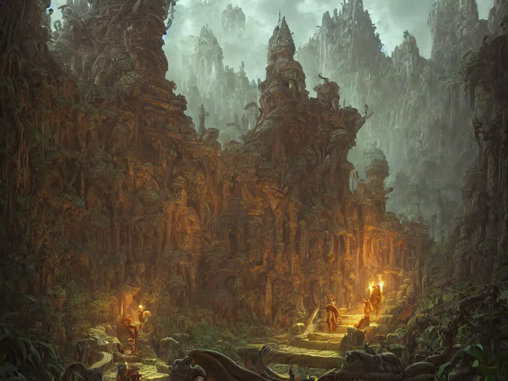 Image similar to deadly path to the crocodile god lair, menacing statues, deep focus, d & d, fantasy, intricate, elegant, highly detailed, digital painting, artstation, concept art, matte, sharp focus, illustration, hearthstone, art by artgerm and greg rutkowski and alphonse mucha