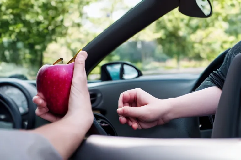 Prompt: gay teenager grabbing an black apple while hes inside the car