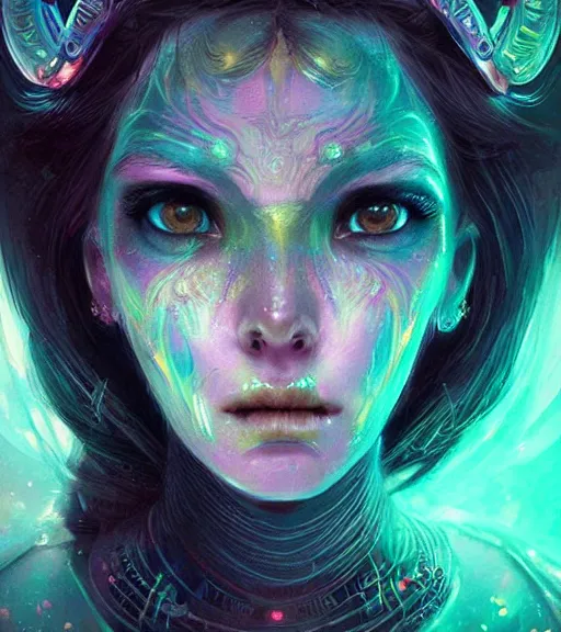 Image similar to beautiful intricate exquisite alien princess realistic face, beautiful eyes, neon colors, drawing, in the style of greg rutkowski, fantasy, amazing detail, epic, intricate, elegant, smooth, sharp focus