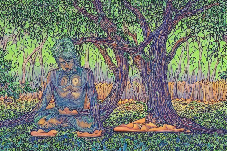 Image similar to a man meditating under a tree by alan davis and alex grey,