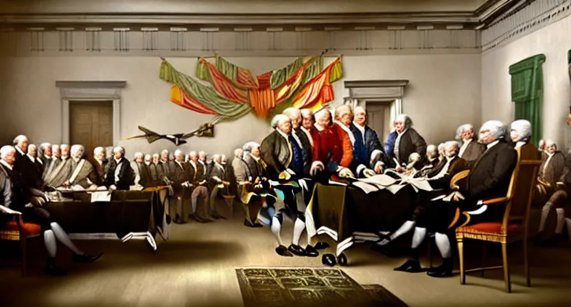 Prompt: fish signing the declaration of independence, realistic painting, high definition, digital art, very detailed, extremely high detail, photo realistic, concept art, unreal engine 5,