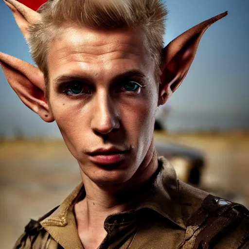 Image similar to close up headshot of a skinny high-fantasy elf with a long face narrow chin and spiky blonde hair wearing dark brown overalls and holding a bomb next to a destroyed car, gel spiked blond hair, small ears, narrow lips, high resolution film still, HDR color