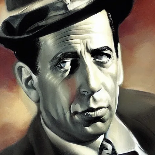 Image similar to humphrey bogart as sam spade, portrait, highly detailed, digital painting, artstation, concept art, sharp focus, illustration, art , style of Dean Cornwell by Dean Cornwell