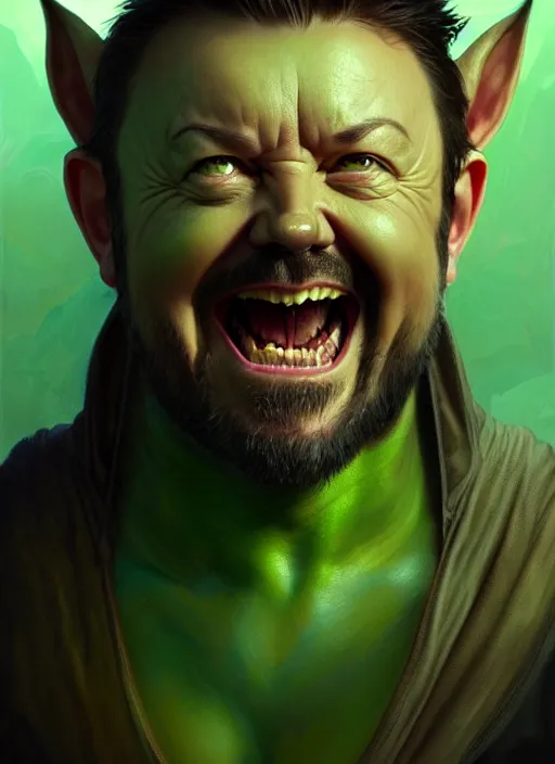 Prompt: portrait of ricky gervais as a goblin, d & d, muscular! green, fantasy, intricate, elegant, highly detailed, digital painting, artstation, concept art, smooth, sharp focus, illustration, art by artgerm and greg rutkowski and alphonse mucha