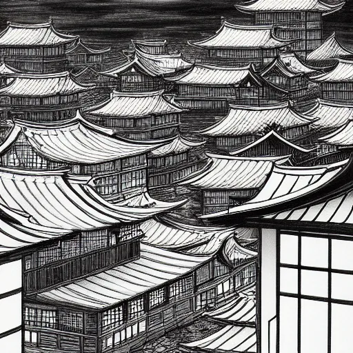 Image similar to a beautiful ink painting of buildings in japanese traditional style, in the style of hiroshi yoshida, at night, light effect, detailed, high - definition, exquisite isolated very detailed, moody lighting, 8 k highly detailed, trending on artstation