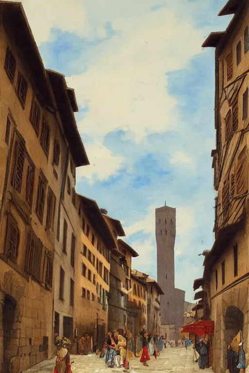 Image similar to florence old street in 1 6 th century with a tower in background by hiroshi yoshida, trending on artstation