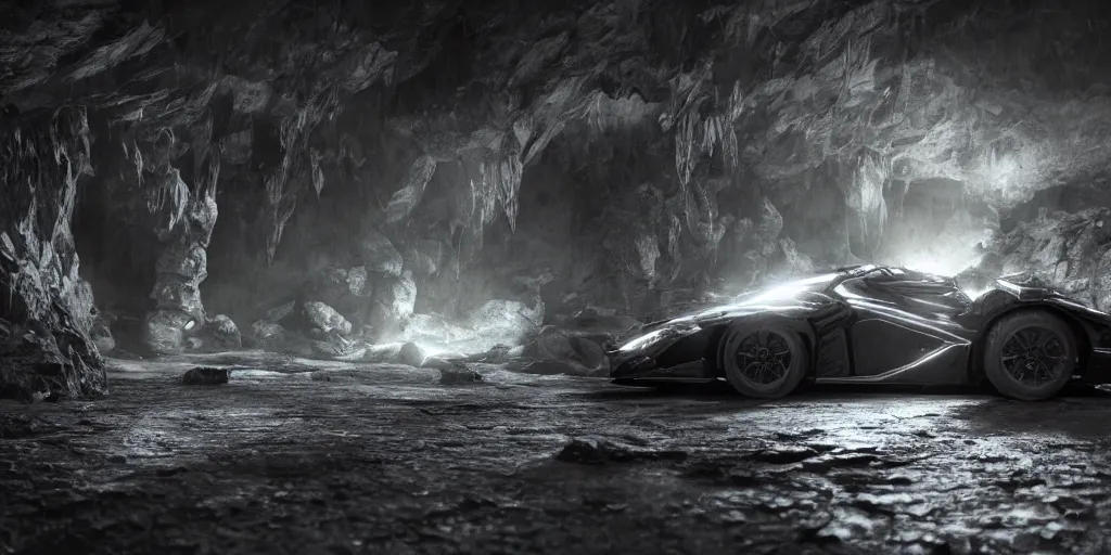 Image similar to the batmobile standing in a very dark and wet cave. highly detailed. intricate. mist. atmospheric. rim light. photorealistic. 8 k. monochrome. rays of light filling the cave. cinematic. matte painting. cinema 4 d. octane render. imagined by ash thorp. ambient occlusion. global illumination.