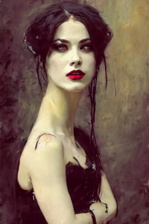 Image similar to Richard Schmid and Jeremy Lipking full length portrait painting of a young beautiful victorian steampunk vampire Priestess woman