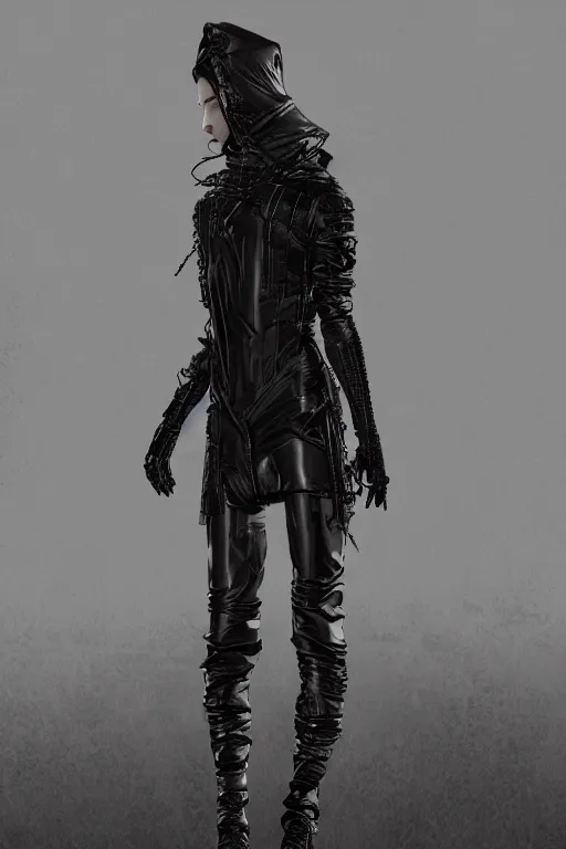 Image similar to avant garde techwear look and clothes, we can see them from feet to head, highly detailed and intricate, luxury, cinematic, rick owens, yohji yamamoto, y 3, outfit photo, hot on r / streetwear, trending on artstation,