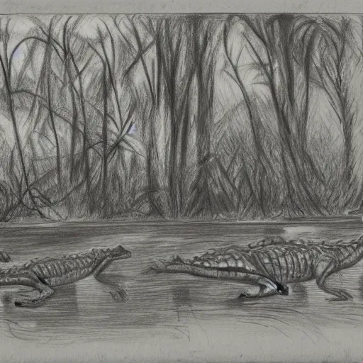 Prompt: A pencil sketch of three crocodiles walking to a stream in a deep forest