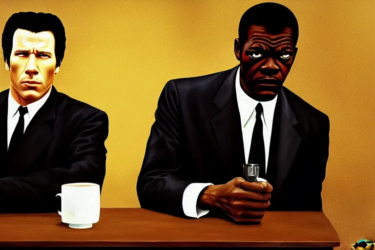 Prompt: painting pulp fiction movie highly detailed full - body samuel l jackson and john travolta posing in cafe, perfect symmetrical eyes, by david lynch, 8 k resolution, digital art, hyper realistic