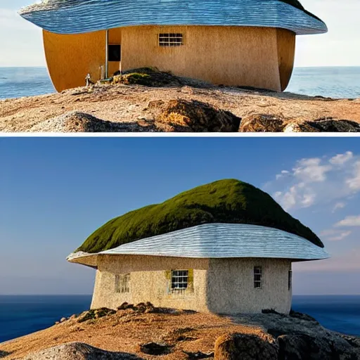 Image similar to a mountain and the sea, a little house in the middle of the sea