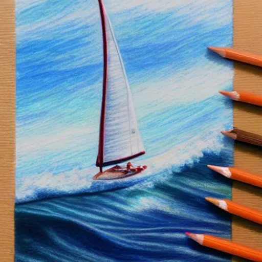 Image similar to Colored pencil art on paper, Sailboat surfing the waves, highly detailed, artstation, MasterPiece, Award-Winning, Caran d'Ache Luminance