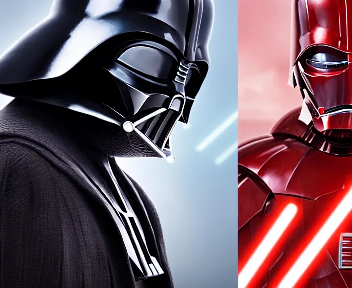 Image similar to 4 k hd, high detail photograph of darth vader and iron man, shot with sigma f / 4. 2, 2 5 0 mm sharp lens, wide shot, consistent, volumetric lighting, high level texture render