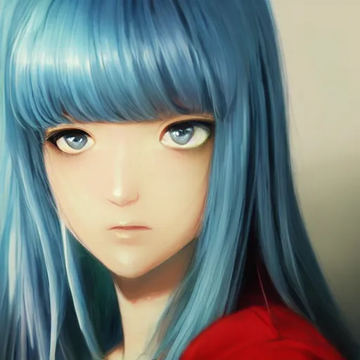 Image similar to profile shot of rimuru tempest, sky blue, straight hair, long bangs, amber eyes, wearing a black jacket!! with white stripes, high collar, highly detailed, unreal engine 5, digital painting, cinematic, wlop | artgerm, pixiv, yoshitaka amano, greg rutkowski, ilya kuvshinov, andy warhol