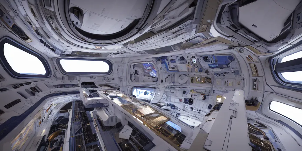 Prompt: inside a tourist module for the iss designed by zaha hadid, cinematic lighting, deep focus, sharp focus, golden ratio, dramatic illumination, hdr, ultra realistic, 8 k, highly detailed, trending on artstation, epic composition, by caravaggio, by artemisia lomi gentileschi