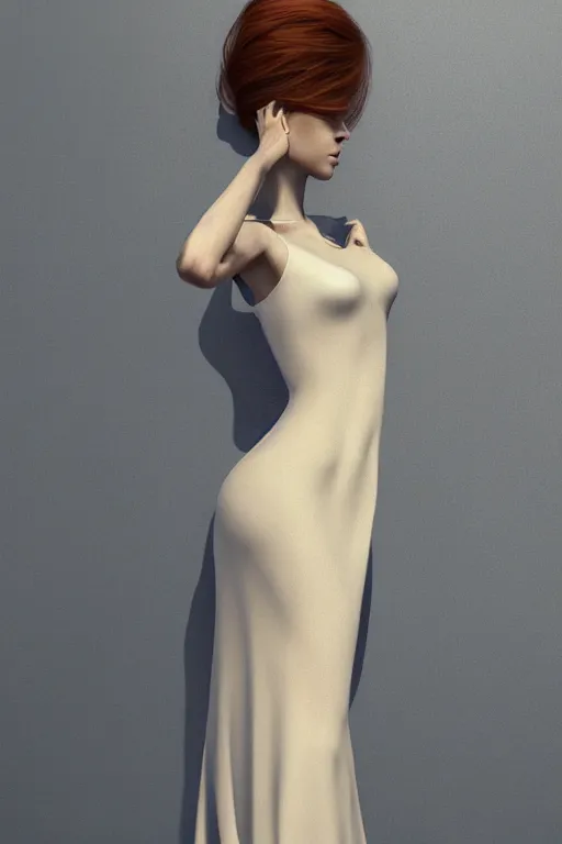 Prompt: ultra realist soft painting of a single beautiful female in a full long curvy slim dress, thin long auburn hair, very intricate details, volumetric lighting, symmetry accurate anatomy features, 1970 environment, unreal render