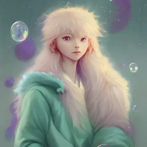 Image similar to aesthetic portrait commission of a albino male furry anthro lion under a heavenly lavender bubble filled place while wearing a cute mint colored cozy soft pastel winter outfit, winter atmosphere. character design by charlie bowater, ross tran, artgerm, and makoto shinkai, detailed, inked, western comic book art, 2 0 2 1 award winning painting