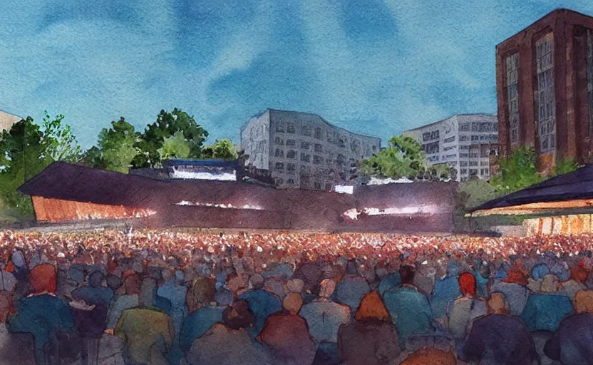 Image similar to concept art of an concert amphitheatre in downtown charlottesville virginia, complex, pinterest, artstation trending, behance, watercolor, by coby whitmore, silver, laser light,